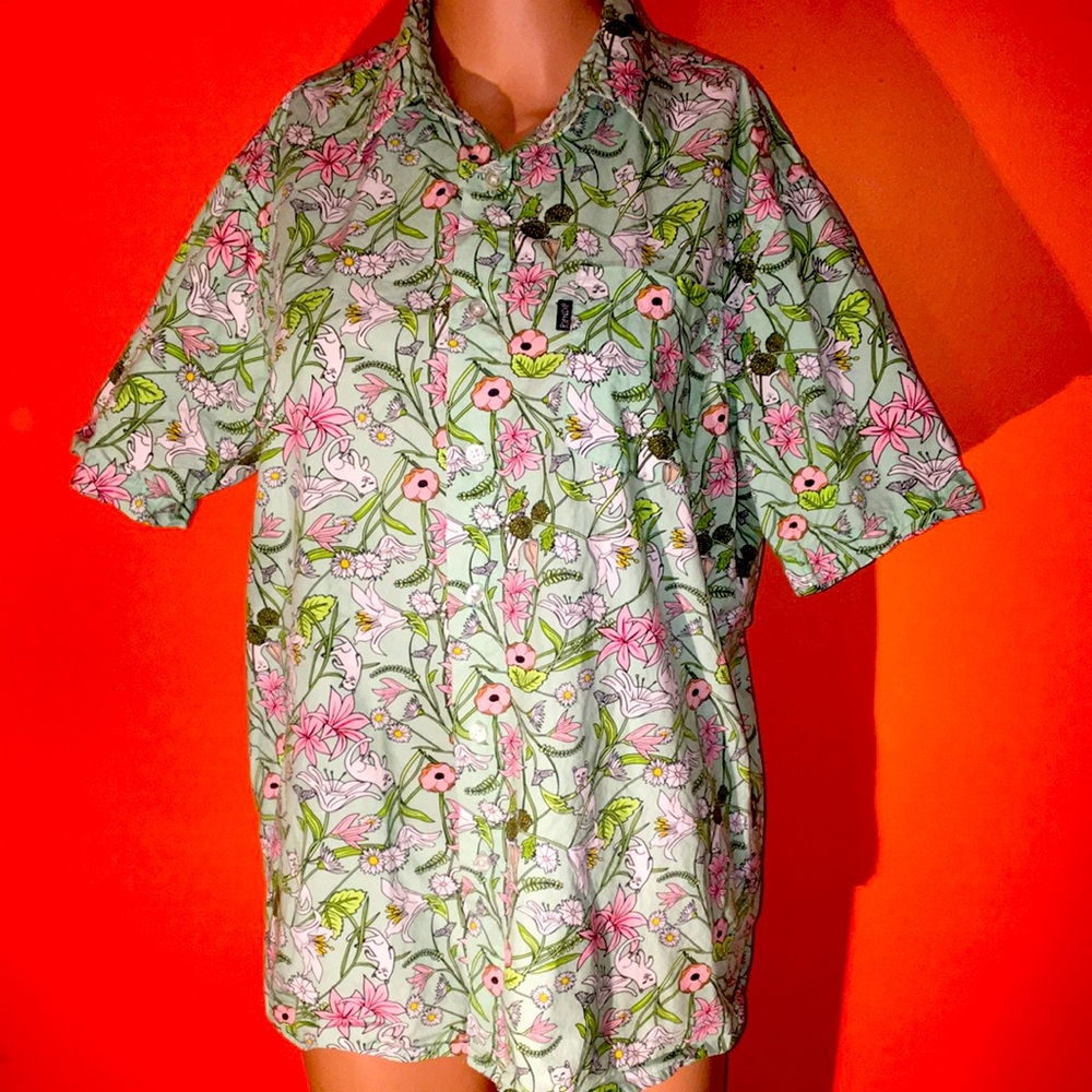 Flowers & Cats Green Button Up Short Sleeve Shirt Size Small 4/6 Cat Lady Blouse